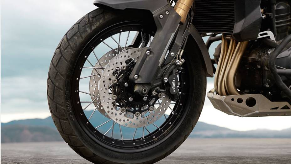 Detalhe do disco duplo de freio com pin&ccedil;as Nissin e sistema ABS | <a href="https://preprod.quatrorodas.abril.com.br/moto/noticias/triumph-revela-lancamentos-salao-duas-rodas-756393.shtml" rel="migration">Leia mais</a>