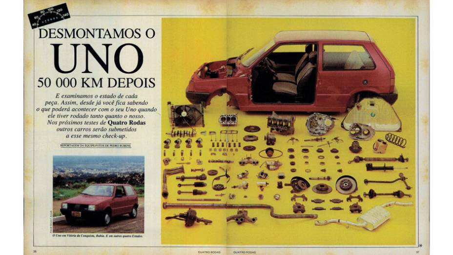 Fiat Uno: o desmonte do compacto foi o primeiro a trazer uma análise detalhada de cada peça, fornecendo um diagnóstico mais detalhado para os leitores. | <a href="https://preprod.quatrorodas.abril.com.br/acervodigital/home.aspx?edicao=308&pg=37" rel="migration">Leia mais</a>