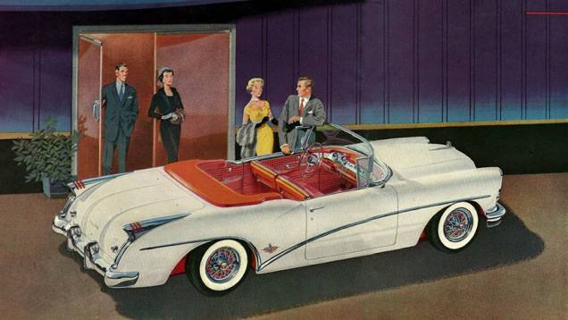 Skylark 1954Versão do Roadmaster de 1953, cinquentenário da Buick, com teto e linha de cintura mais baixos, ganhou um dos pares de barbatanas mais curiosos da década em 1954 Skylark 1954Versão do Roadmaster de 1953, cinquentenário da Buick, com teto e linha de cintura mais baixos, ganhou um dos pares de barbatanas mais curiosos da década em 1954