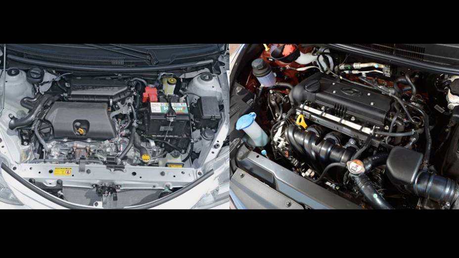 Na versão básica, o motor 1.3 16V do Etios agrada mais em relação ao 1.0 do HB20. Na versãotopo de linha, o 1.5 16V do Toyota (esquerda) oferece boa dose de força em baixo giro, mas não empolga em alta; propulsor 1.6 16V (direita) do HB20 é mais linear | Na versão básica, o motor 1.3 16V do Etios agrada mais em relação ao 1.0 do HB20. Na versãotopo de linha, o 1.5 16V do Toyota (esquerda) oferece boa dose de força em baixo giro, mas não empolga em alta; propulsor 1.6 16V (direita) do HB20 é mais linear |