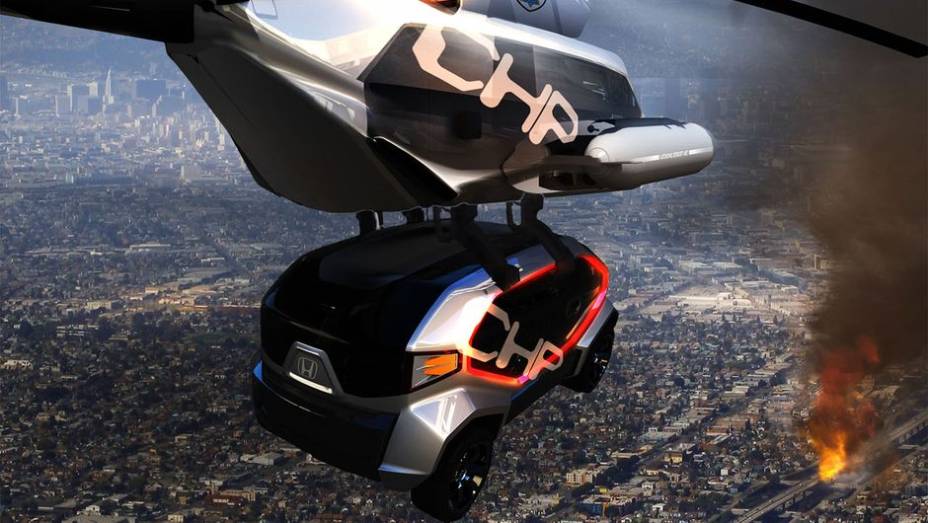 Fugindo um pouco do padr&atilde;o, a Honda apresentou dois projetos. O primeiro &eacute; o CHP Drone Squad. | <a href="https://preprod.quatrorodas.abril.com.br/noticias/tecnologia/salao-los-angeles-define-tema-desafio-design-721841.shtml" rel="migration">Leia mais</a>