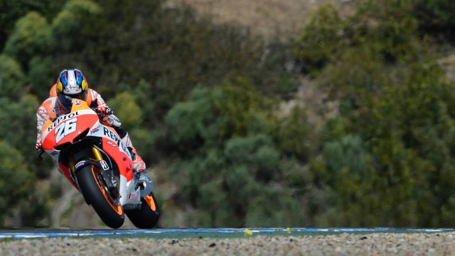 Dani Pedrosa (Repsol Honda Team) ficou com o segundo lugar em Jerez no sábado (23) | <a href="https://preprod.quatrorodas.abril.com.br/moto/noticias/motogp-yamaha-lidera-testes-jerez-737049.shtml" rel="migration">Leia mais</a>