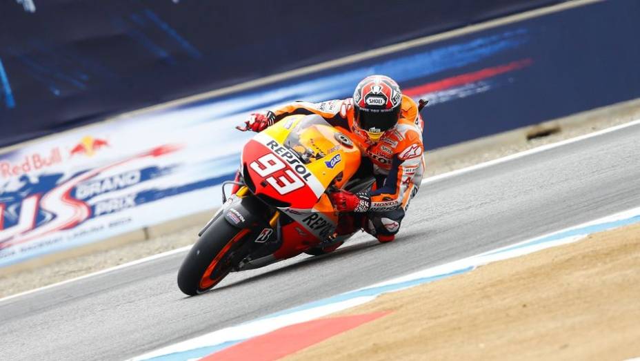 Nos treinos livres da MotoGP em Laguna Seca, quem liderou foi o espanhol Márc Márquez (Repsol Honda Team), cravando 1:22.040 durante a segunda sessão | <a href="%20https://preprod.quatrorodas.abril.com.br/moto/noticias/motogp-marquez-lidera-laguna-seca-747560.shtml" rel="migration"></a>