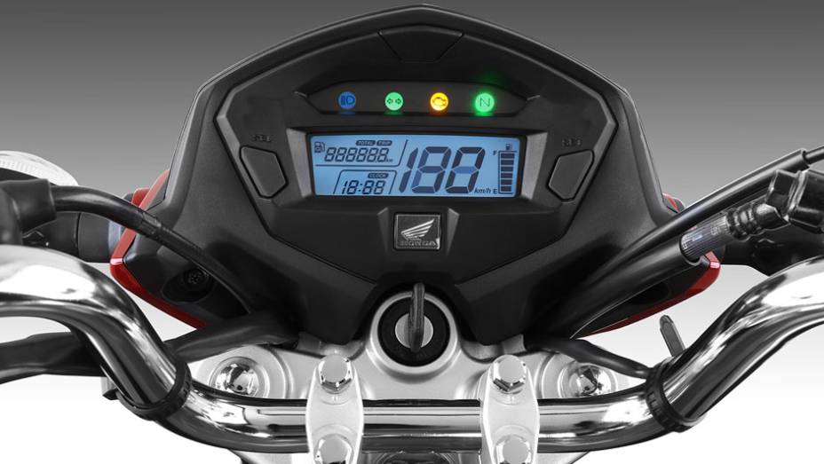 utra novidade na CG 2014 é o painel de instrumentos, integrado à carenagem e totalmente digital | <a href="%20https://preprod.quatrorodas.abril.com.br/moto/noticias/honda-lanca-cg-2014-totalmente-renovada-748587.shtml" rel="migration">Leia mais</a>