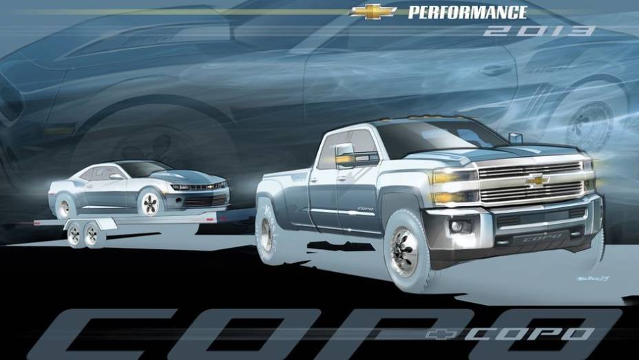 Chevrolet Silverado HD Dually tow vehicle | <a href="https://preprod.quatrorodas.abril.com.br/noticias/fabricantes/chevrolet-revela-mais-novidades-sema-show-759265.shtml" rel="migration">Leia mais</a> | <a href="https://preprod.quatrorodas.abril.com.br/galerias/especiais/sema-show-2013-pa" rel="migration"></a>