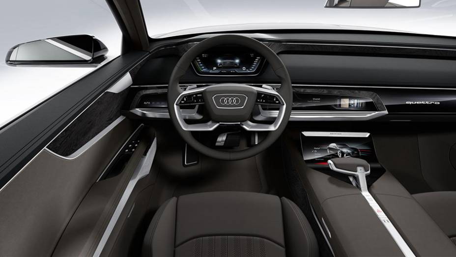 Por dentro, o revestimento do Prologue Avant concept &eacute; feito em couro Unikat, com acabamento em alum&iacute;nio e madeira | <a href="https://preprod.quatrorodas.abril.com.br/noticias/saloes/genebra-2015/audi-mostra-prologue-avant-concept-antes-genebra-840845.shtml" rel="migration">Leia ma</a>