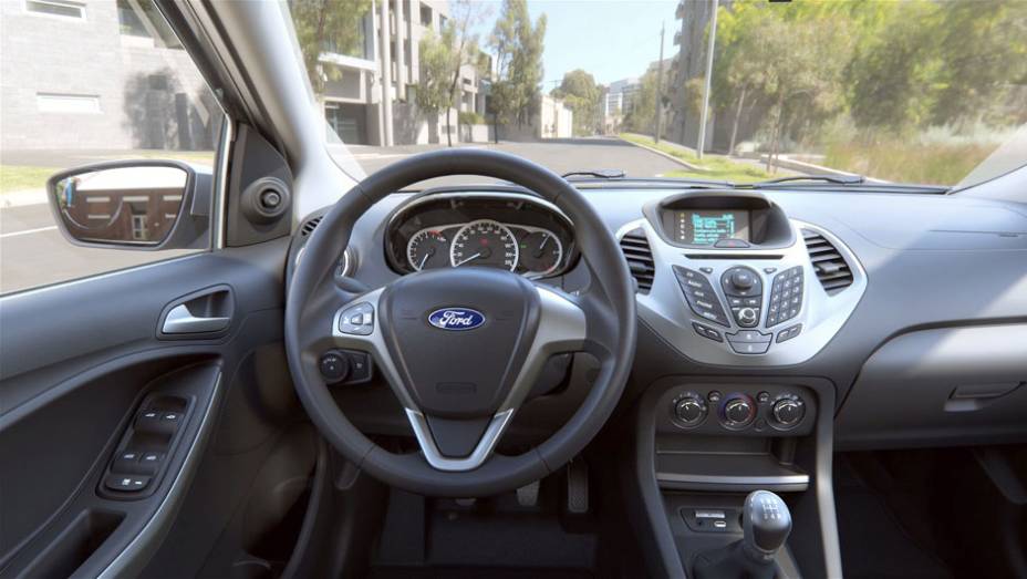 Detalhe do interior da vers&atilde;o SEL | <a href="https://preprod.quatrorodas.abril.com.br/carros/lancamentos/novo-ford-ka-792257.shtml" rel="migration">Leia mais</a>