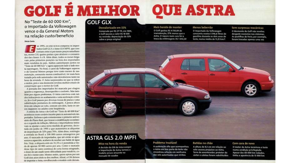 VW Golf e Chevrolet Astra: em uma iniciativa inusitada, QUATRO RODAS decidiu testar e desmontar dois dos médios mais desejados do país naquela época, após rodar 60 mil quilômetros | <a href="https://preprod.quatrorodas.abril.com.br/acervodigital/home.aspx?edicao=4" rel="migration"></a>