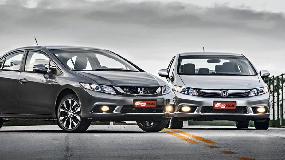 Ao lado do Civic 2014, é mais fácil ver o que mudou | <a href="https://preprod.quatrorodas.abril.com.br/carros/impressoes/honda-civic-2015-797583.shtml" rel="migration">Leia mais</a>