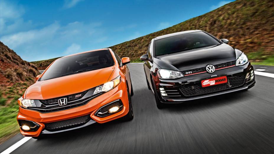 Velhos rivais se reencontram sete anos depois do primeiro embate | <a href="https://preprod.quatrorodas.abril.com.br/carros/comparativos/honda-civic-si-x-vw-golf-gti-816112.shtml" target="_blank" rel="migration">Leia mais</a>