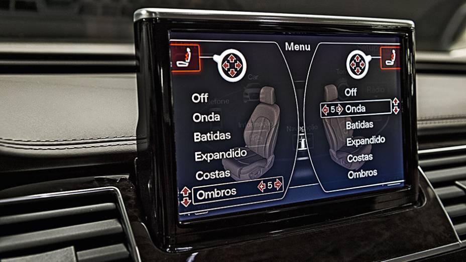 Menu do massageador pode ser acessado pela central multim&iacute;dia | <a href="https://preprod.quatrorodas.abril.com.br/carros/testes/audi-a8-4-0-tfsi-819948.shtml" target="_blank" rel="migration">Leia mais</a>