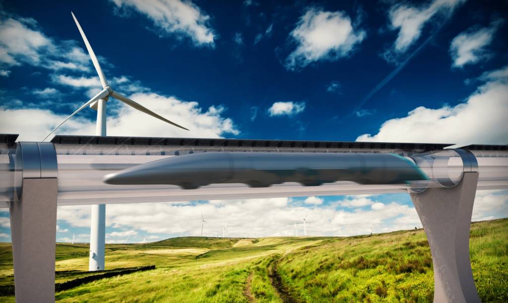 Hyperloop Estrutura tubular com trem em formato de cápsula