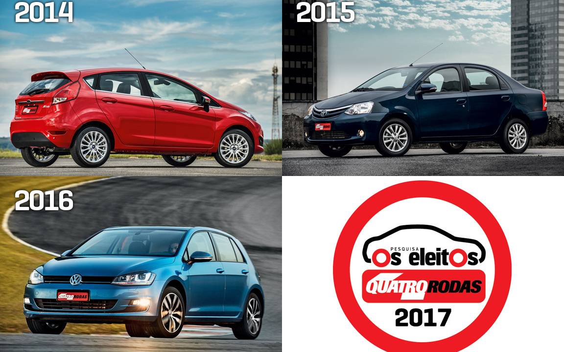 Os vencedores anteriores: Ford New Fiesta (2014), Toyota Etios sedã (2015) e VW Golf (2016)