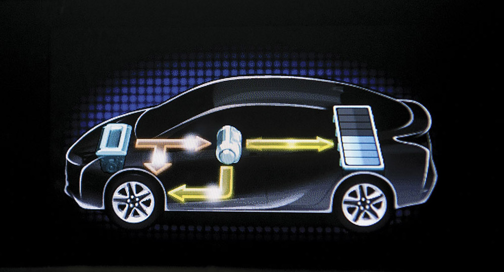 Nesta imagem, o motor a combustão do Prius carrega a bateria e auxilia na tração