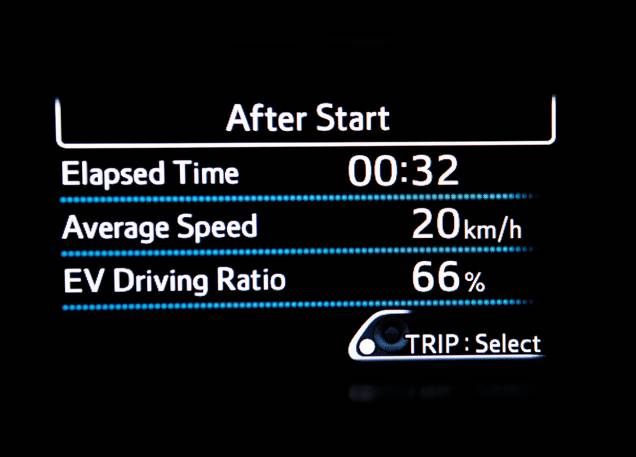 Na tela, tempo de viagem, velocidade média e percentual de condução em modo elétrico Na tela, tempo de viagem, velocidade média e percentual de condução em modo elétrico