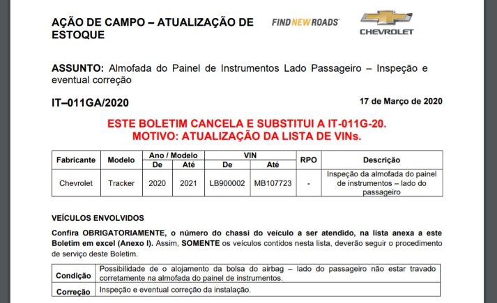 Chevrolet Tracker – boletim de recall airbags Chevrolet Tracker – boletim de recall airbags