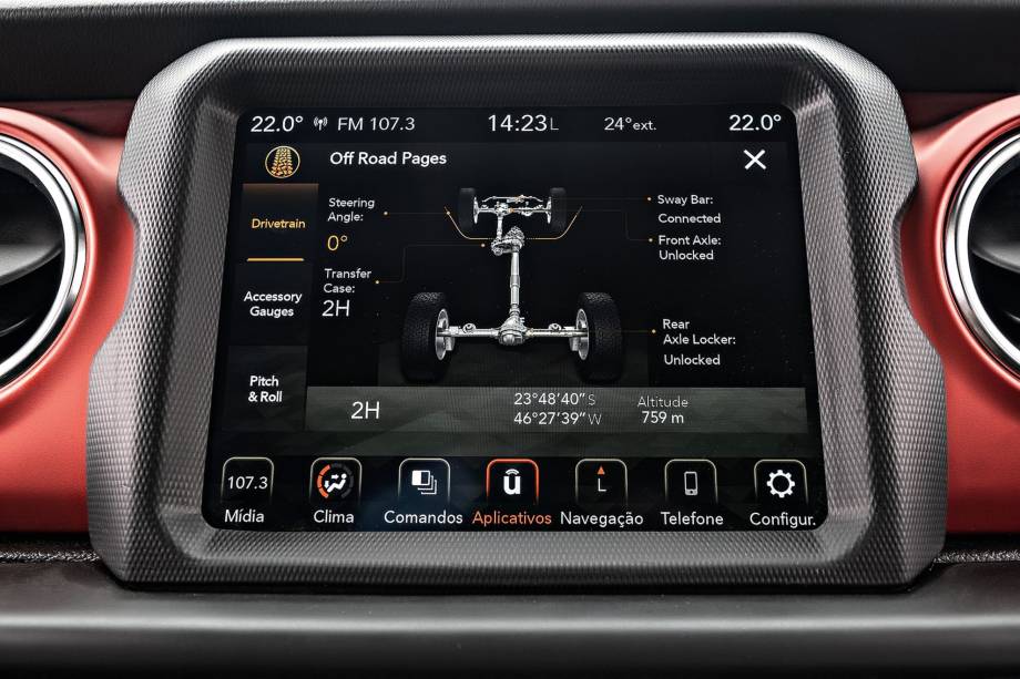 Central multimídia tem informações de navegação off-road, com altitude e tipo de tração em uso. Central multimídia tem informações de navegação off-road, com altitude e tipo de tração em uso.
