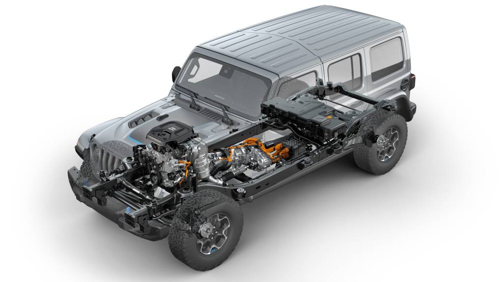 Front three-quarters view of the 2021 Jeep® Wrangler Rubicon 4xe Front three-quarters view of the 2021 Jeep® Wrangler Rubicon 4xe hybrid electric, showing the location of powertrain components.