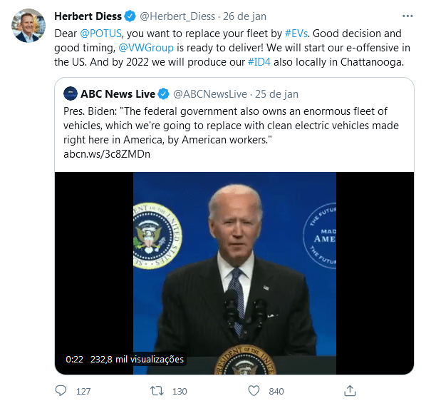 Tuíte Herbert Diess Joe Biden Volkswagen Atrevida em 2021, a Volkswagen viu até seu presidente tentando vender carro para o presidente dos EUA via Twitter