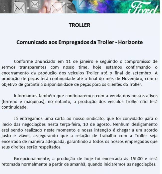 Comunicado distribuído aos funcionários da Troller em Horizonte (CE)