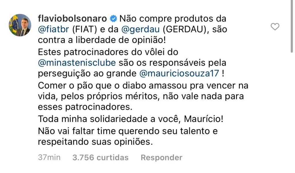 Post Flavio Bolsonaro Instagram Conteúdo original da postagem de Flávio Bolsonaro, posteriormente alterada