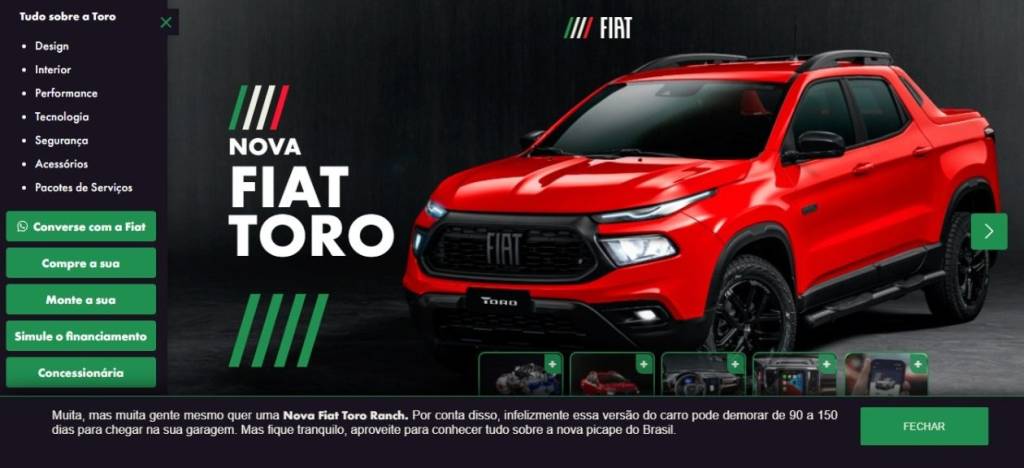 Toro Site Mensagem encontrada por quem acessa o site da Fiat Toro