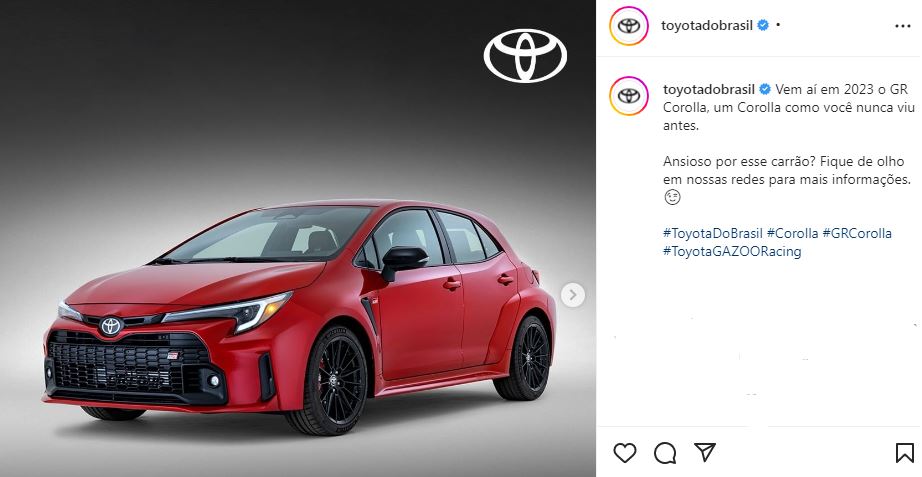 gr corolla Publicação da Toyota no Instagram confirma o GR Corolla para 2023