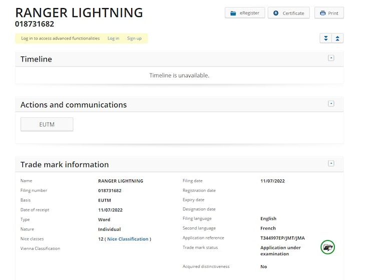 Registro Ranger Lightning Ranger Lightning e Maverick Lightning são registradas