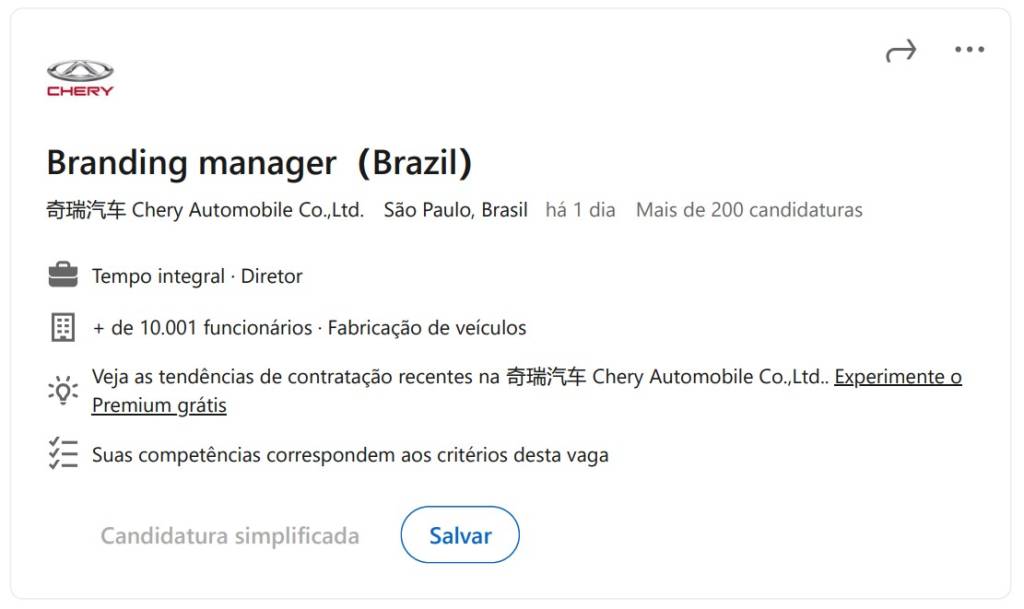 branding manager Vaga no Linkedin buscava liderança para a Exeed no Brasil