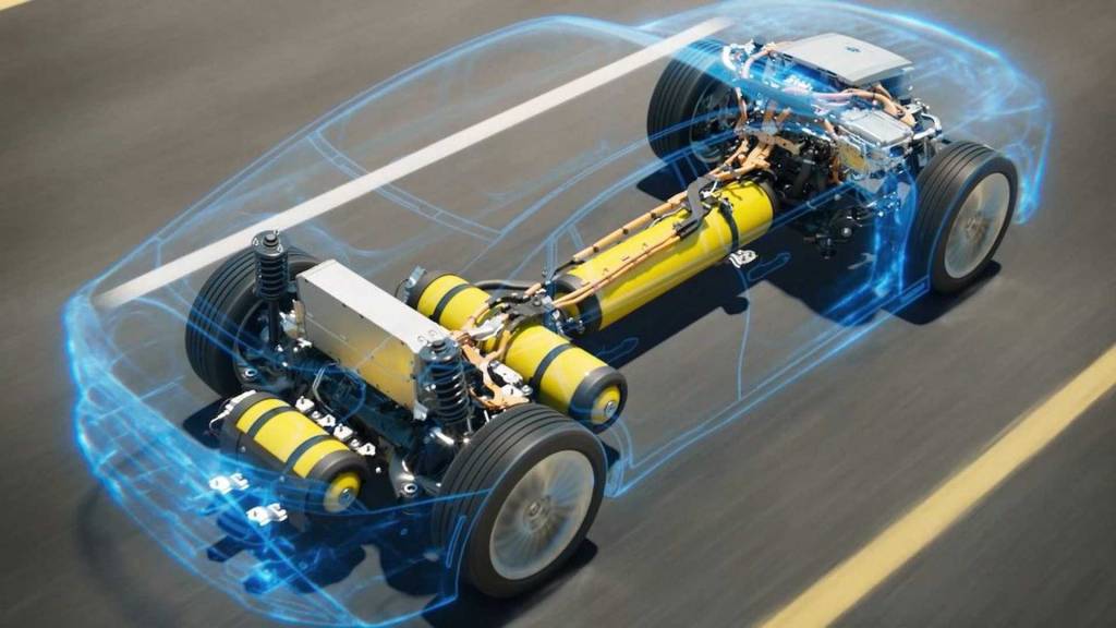 Tecnologia do Toyota Mirai Cilindros do Mirai (em amarelo) são envoltos em fibra de carbono e fios especiais que garantem proteção em batidas. Teste do Euro NCAP não teve qualquer problema e o sedã recebeu cinco estrelas