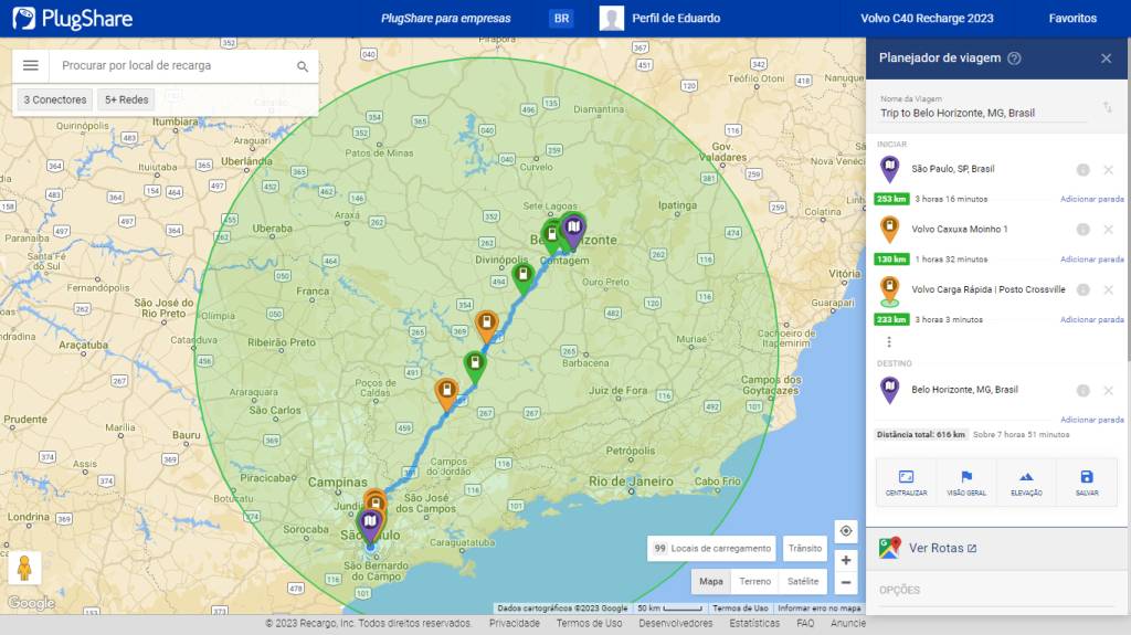 Tela PlugShare Montar a viagem pelo PlugShare é um divertido exercício logístico, que também exige criatividade para otimizar o tempo