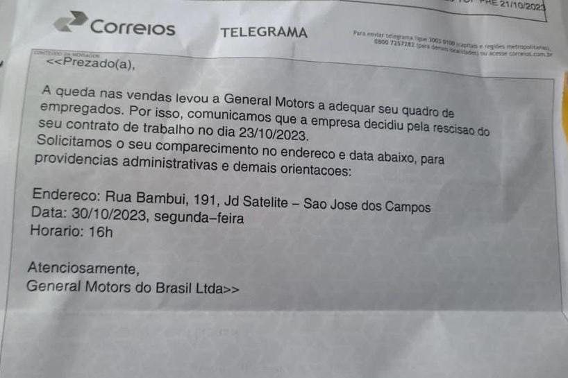 Telegrama demissão Chevrolet Telegrama informando a demissão de um funcionário da Chevrolet