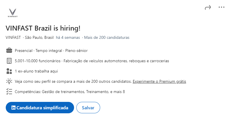 Anúncio de vagas de emprego da VinFast no Brasil foi publicado no final de 2023