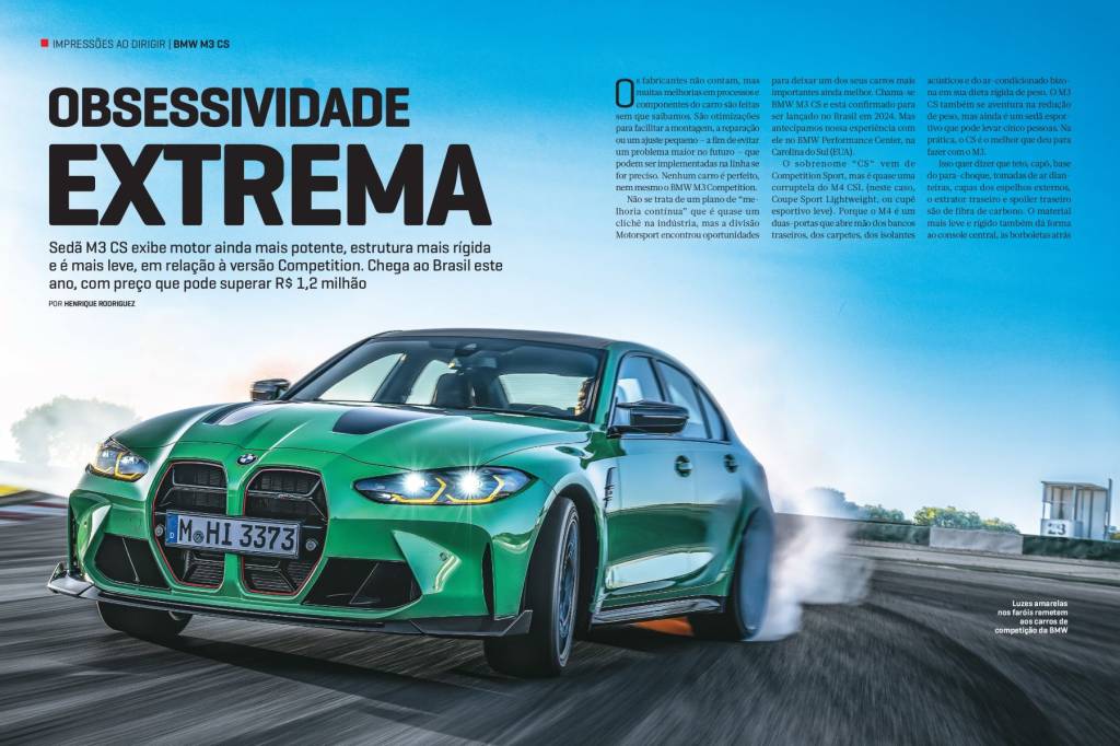 QUATRO RODAS 778 Fevereiro 2024 (6) Nesta edição, entre as novidades, apenas o BMW M3 CS tem motor a combustão; Range Rover Velar e Lamborghini Revuelto são híbridos. Os demais lançamentos são elétricos