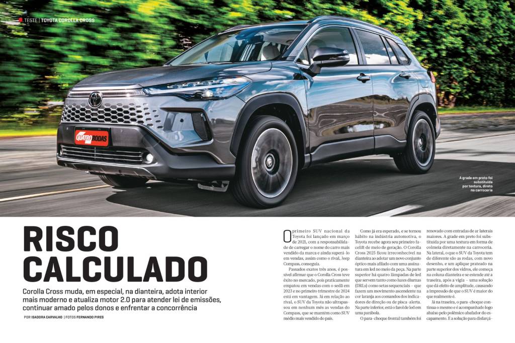 QUATRO RODAS de maio de 2024, edição 781 (6) a toyota atualizou seu SUV médio e, mesmo sem mexer em alguns dos itens que eram objeto de críticas, deixou o modelo mais bonito e equipado. mudou o suficiente para seguir agradando seus felizes proprietários e tentar roubar a liderança do jeep compass. confira se você aprova as novidades
