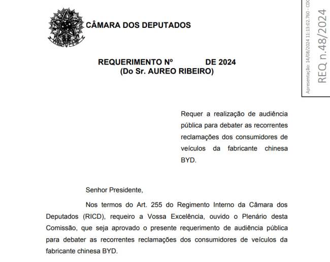 Requerimento de audiência pública sobre a BYD Requerimento de audiência pública sobre a BYD