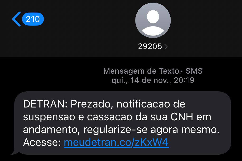 Mensagem avisa sobre falsa cassação da CNH
