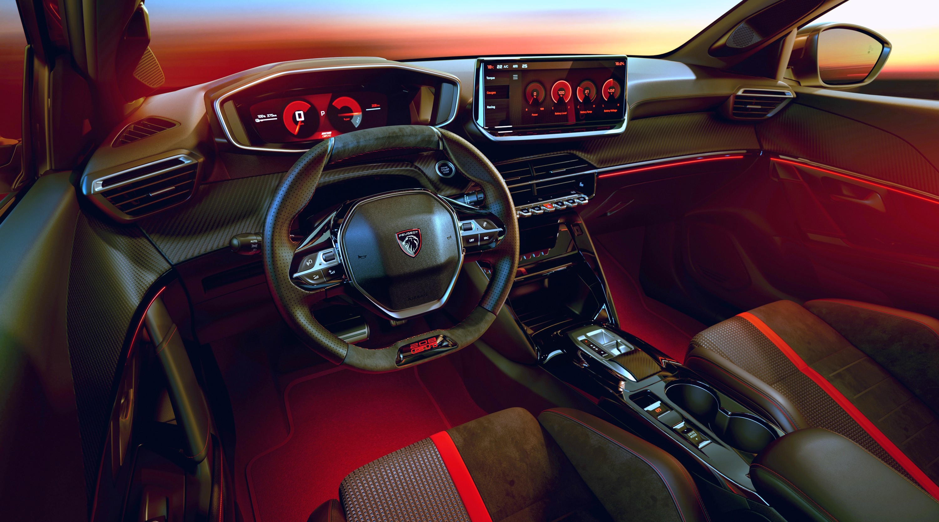 Interior de um carro moderno com ilumina&ccedil;&atilde;o ambiente vermelha, volante esportivo com o logo Peugeot, painel digital e tela multim&iacute;dia exibindo informa&ccedil;&otilde;es do ve&iacute;culo. Bancos escuros com detalhes em vermelho.