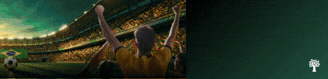 Torcedor de costas, vestindo camisa amarela, comemora com os braços erguidos em um estádio de futebol lotado, sob um céu verde-azulado. Uma bola de futebol com a bandeira do Brasil está no campo. À direita, um fundo verde escuro com um pequeno ícone de árvore branca.