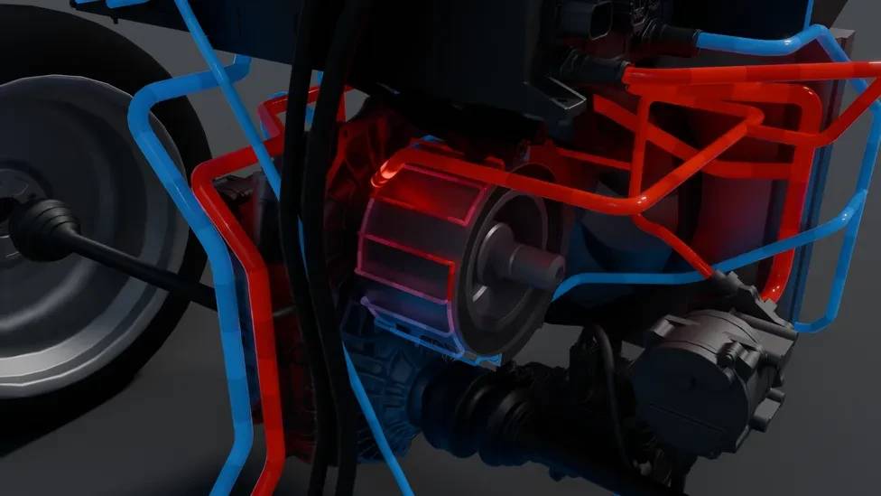 Diagrama de um motor de carro com tubula&ccedil;&otilde;es azuis e vermelhas, indicando fluxo de fluidos, e uma roda cinza &agrave; esquerda