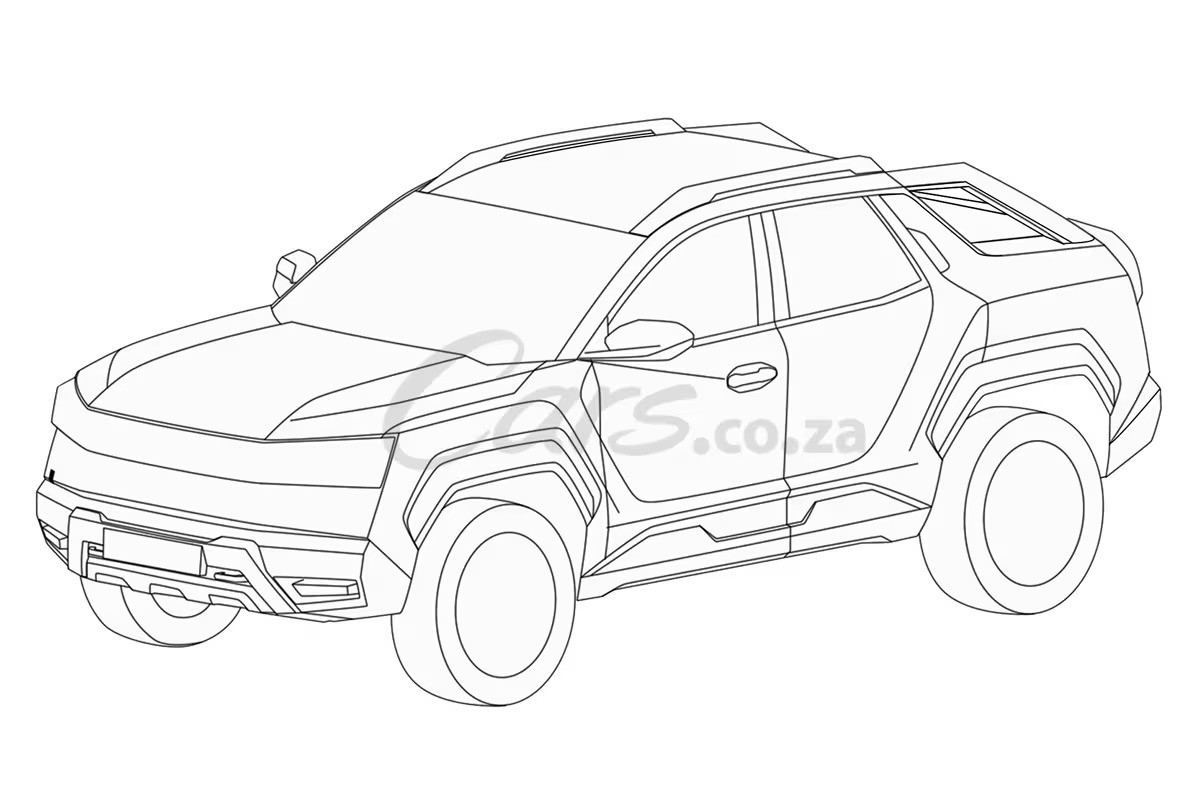 Desenho t&eacute;cnico em preto e branco de uma picape de quatro portas, vista em perspectiva lateral. O ve&iacute;culo possui rack de teto, para-lamas robustos e uma ca&ccedil;amba curta com santant&ocirc;nio integrado