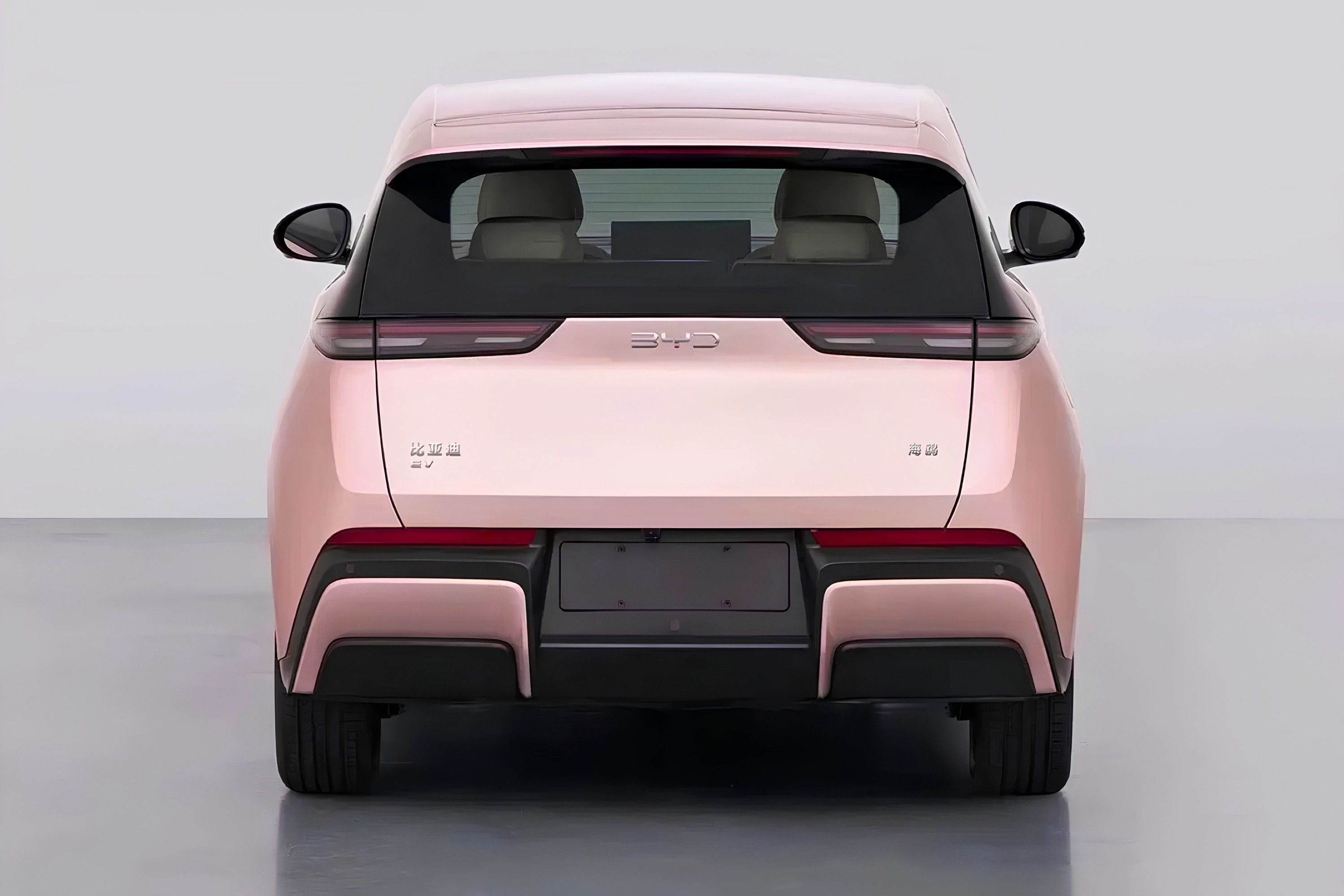 Traseira de um carro el&eacute;trico BYD Seagull rosa claro, com lanternas horizontais finas e o nome da marca em destaque. O para-choque tem detalhes em preto e rosa, e o vidro traseiro escuro revela os encostos de cabe&ccedil;a dos bancos. O ve&iacute;culo est&aacute; em um est&uacute;dio com fundo cinza claro
