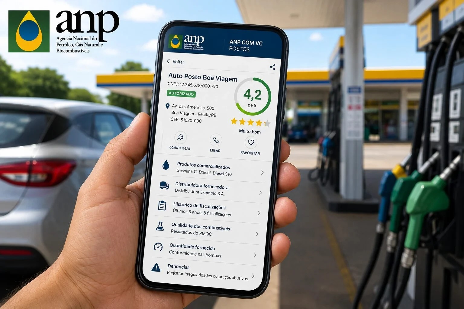 Mão segura celular exibindo o aplicativo ANP com informações do Auto Posto Boa Viagem, avaliado em 4,2 de 5 estrelas. Ao fundo, um posto de gasolina com bombas e um carro prateado