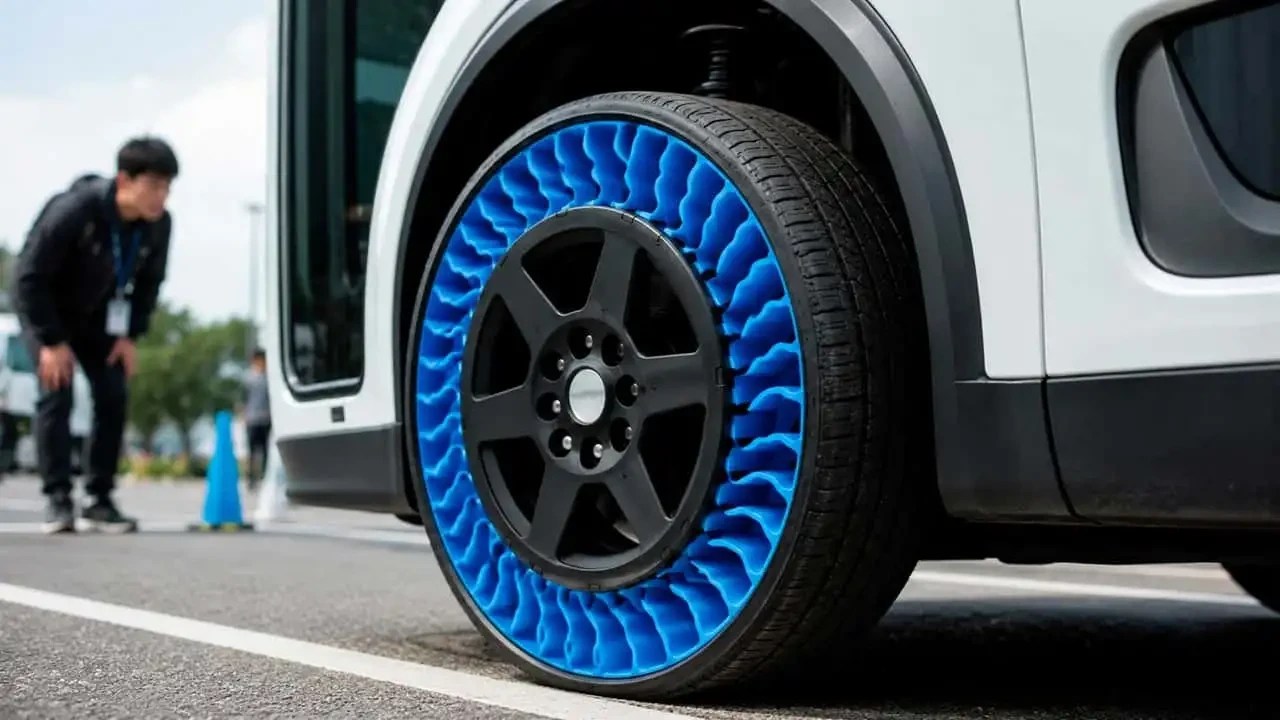 Pneu sem ar com estrutura interna azul vibrante em um carro branco, com um homem asiático de jaqueta preta observando ao fundo