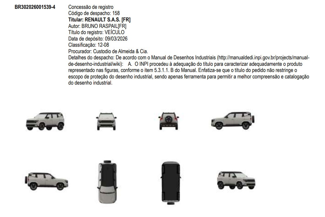 Documento com informa&ccedil;&otilde;es de registro de concess&atilde;o de ve&iacute;culo Renault S.A.S. e seis imagens de um SUV branco visto de diferentes &acirc;ngulos: lateral esquerda, frontal, traseira, lateral direita, superior e inferior