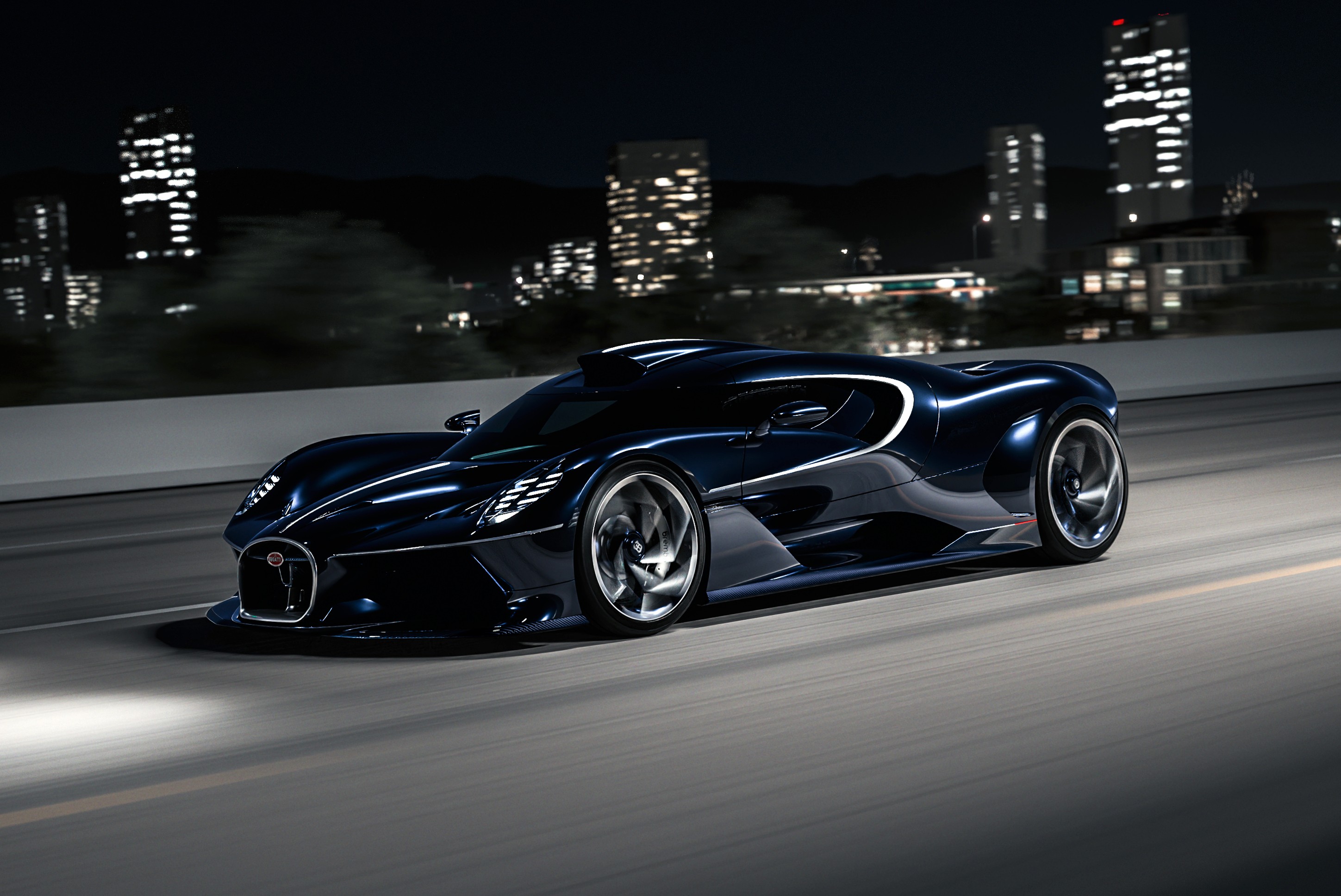 Carro esportivo Bugatti La Voiture Noire azul escuro em movimento em uma estrada &agrave; noite, com luzes de edif&iacute;cios ao fundo
